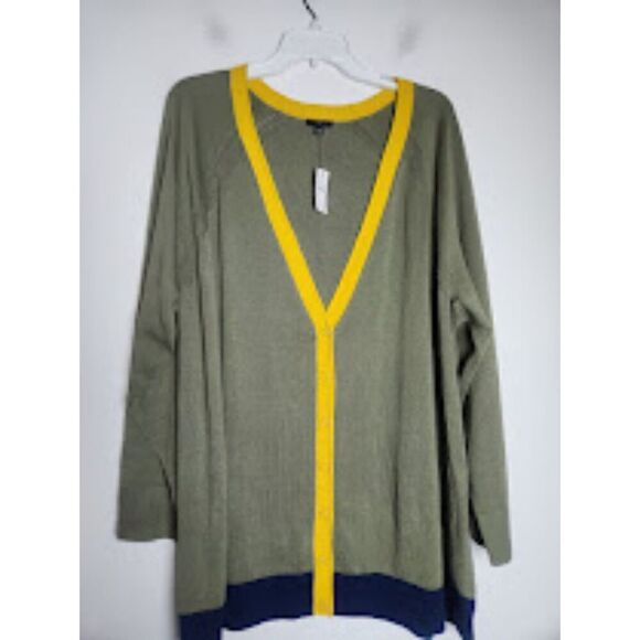 NWT Talbots Women Green w/Mustard Yellow Trim Cotton "Boyfriend" Cardigan sz 3X - Picture 1 of 6